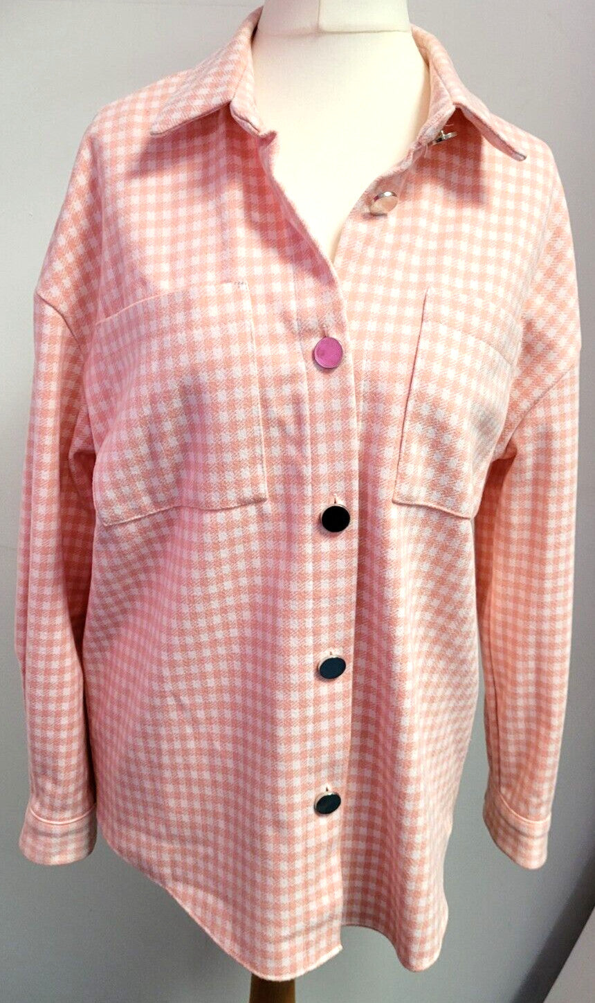 George Shirt UK8/10 Pink/White Dogtooth Check Button Through Pre-Owned