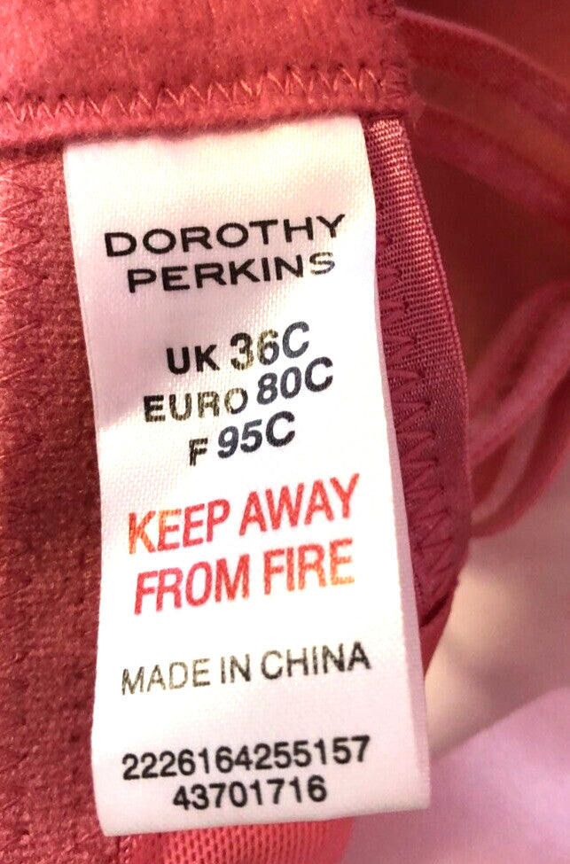 Dorothy Perkins T-Shirt Bra 36C Pink Underwired Padded Spaghetti Straps BNWT