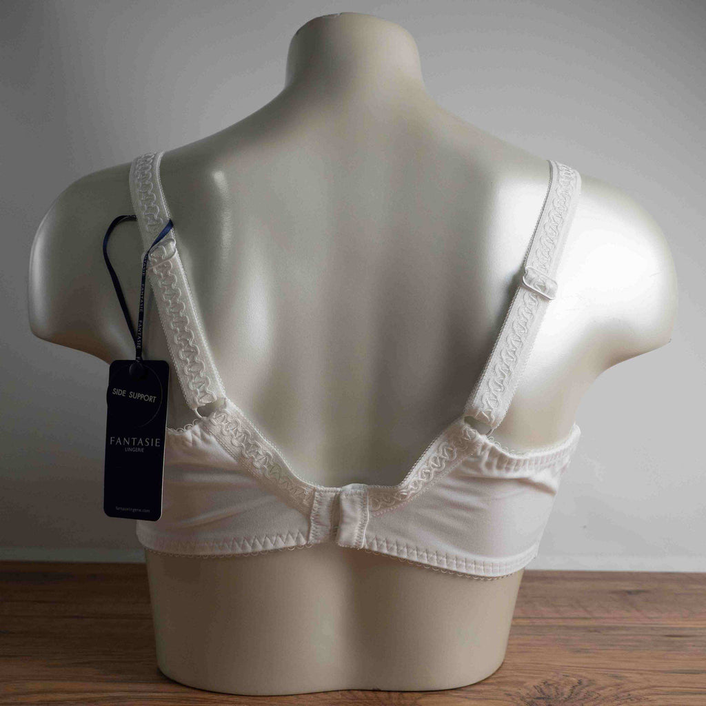 Fantasie white underwire bra with embroidered lace cups and adjustable straps.