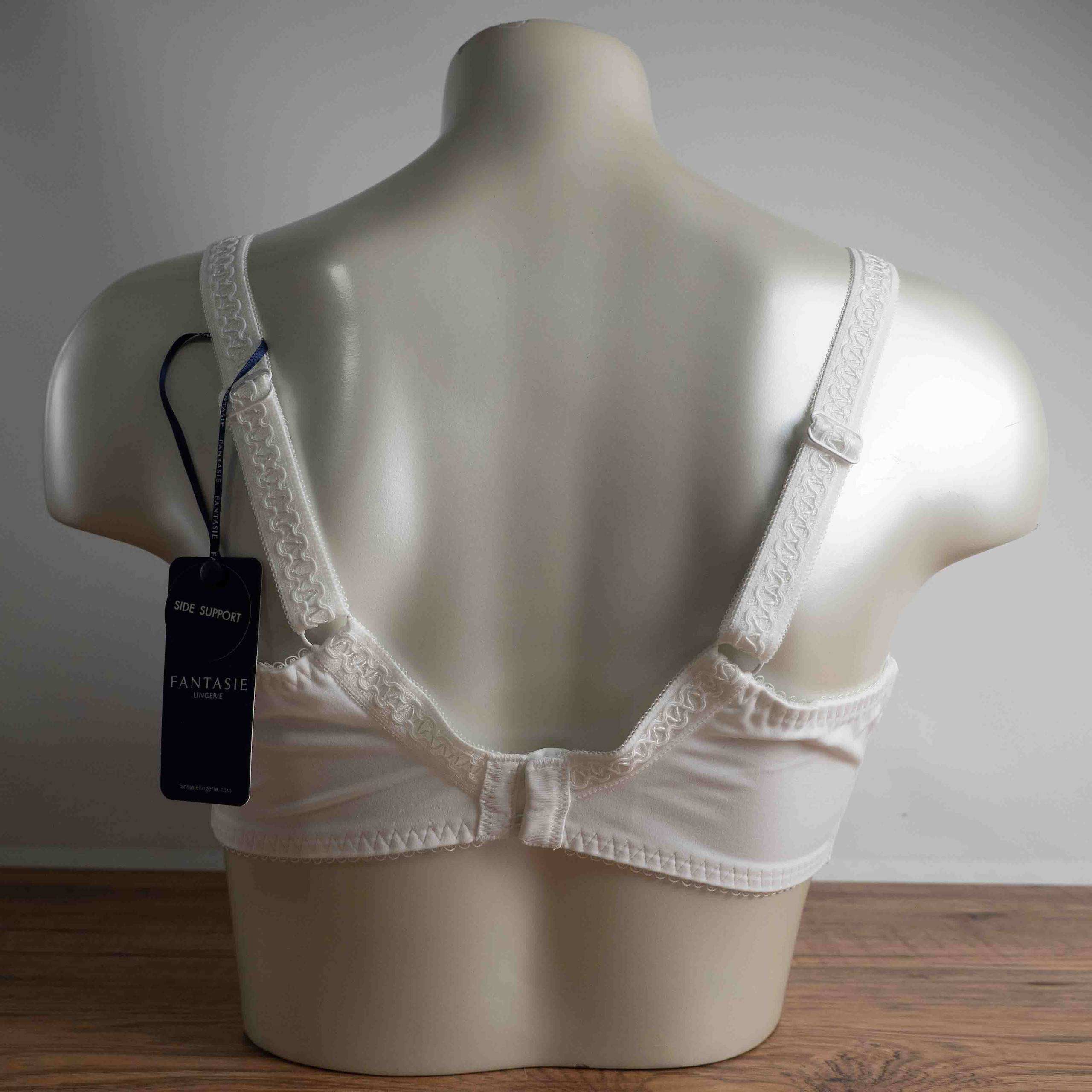 Fantasie white underwire bra with embroidered lace cups and adjustable straps.