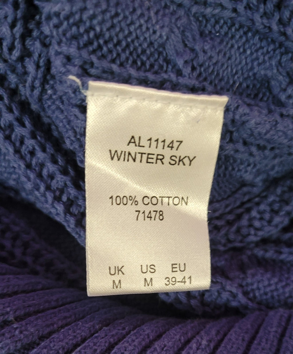 COTTON TRADERS Jumper UK-Medium Blue Turtle Neck Cable Knit  Cotton Pre-Owned