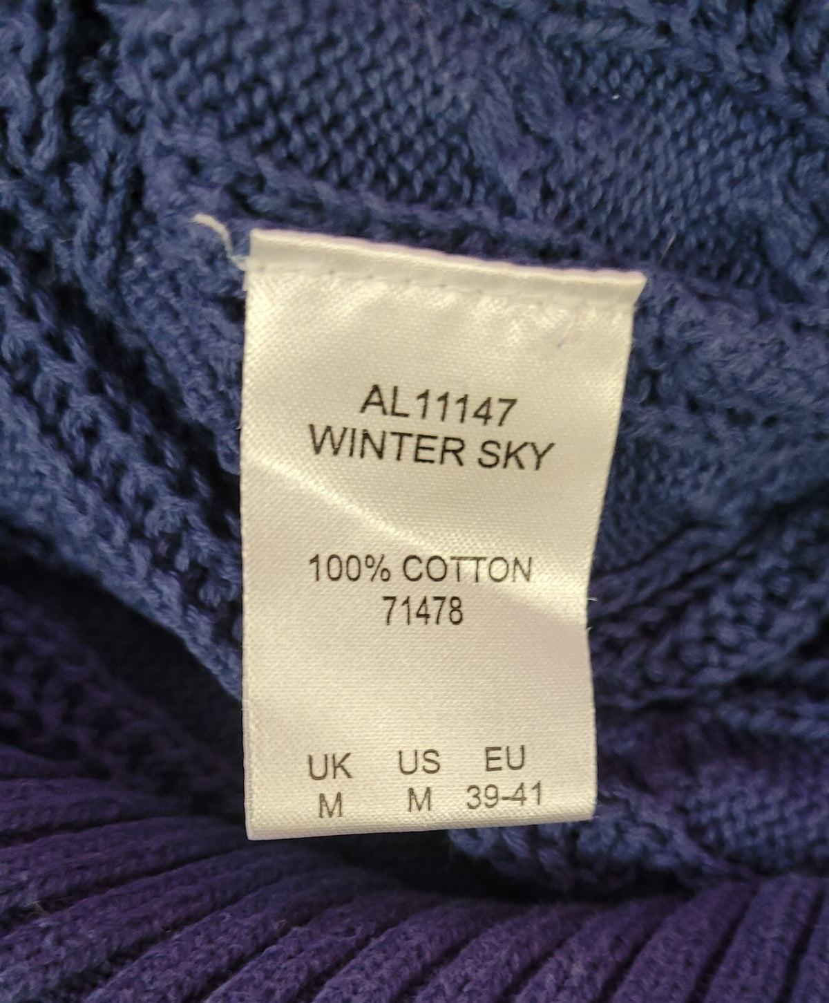 COTTON TRADERS Jumper UK-Medium Blue Turtle Neck Cable Knit  Cotton Pre-Owned