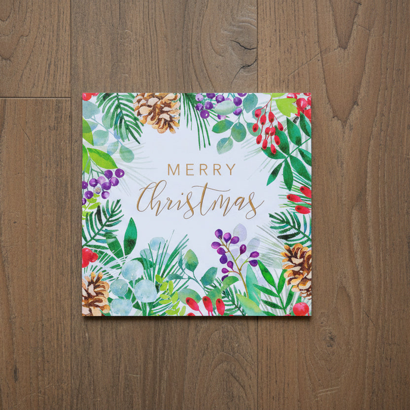 Christmas card with festive foliage and pinecones on a white background