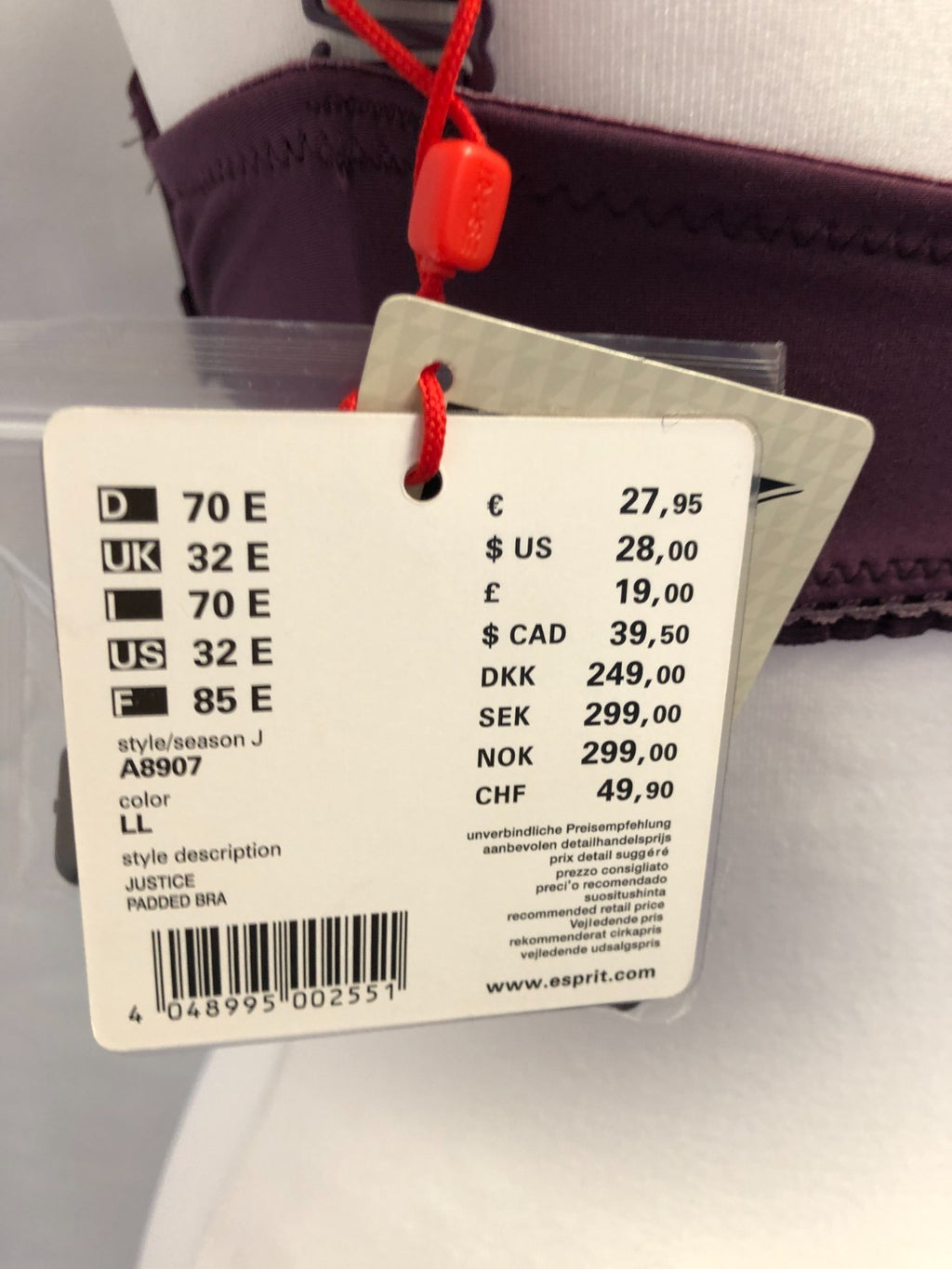 Bra 32E Esprit Purple Balconette Underwired  BNWT